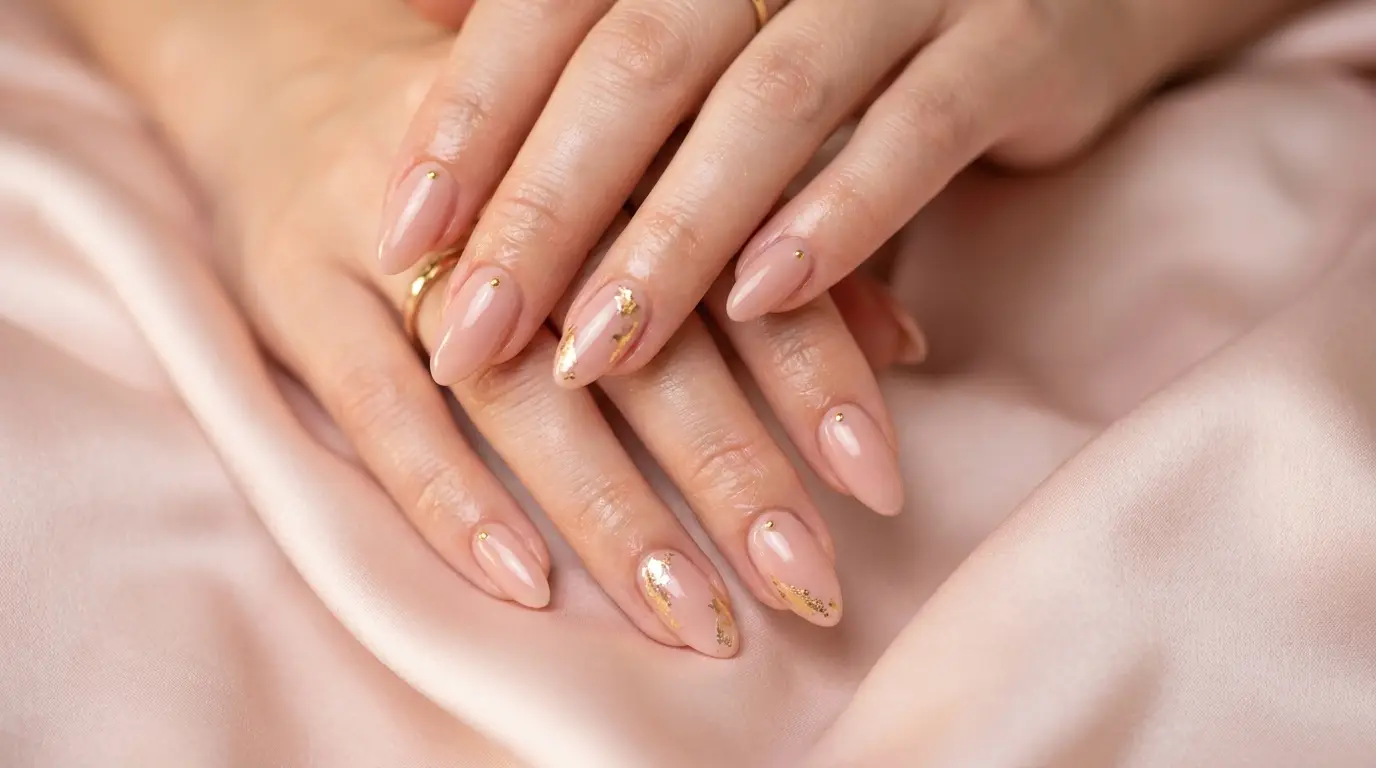 Beautifully manicured hands with glossy nude-pink nails and delicate gold nail art