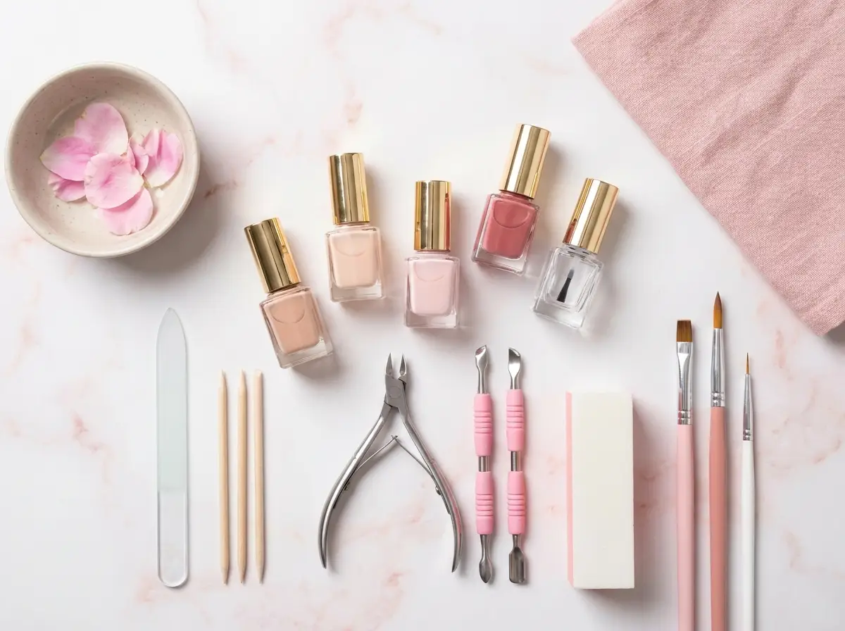 Flat lay of a manicure kit with polishes, brushes and tools