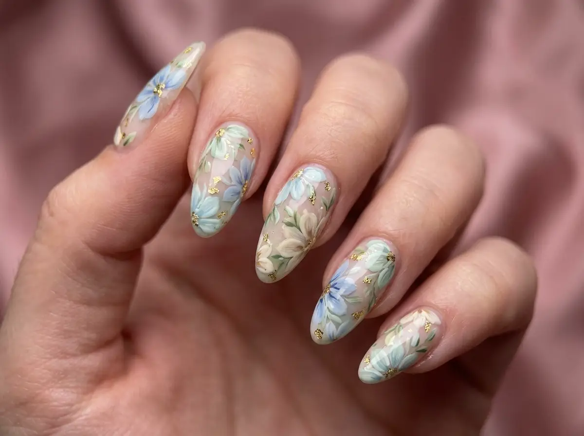 Intricate hand-painted nail art with floral and gold details